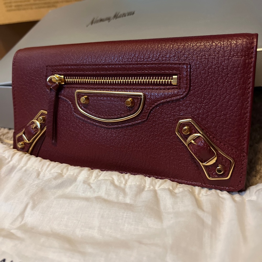 New Balenciaga Edge Burgundy Goatskin leather Money Wallet with gold hardware